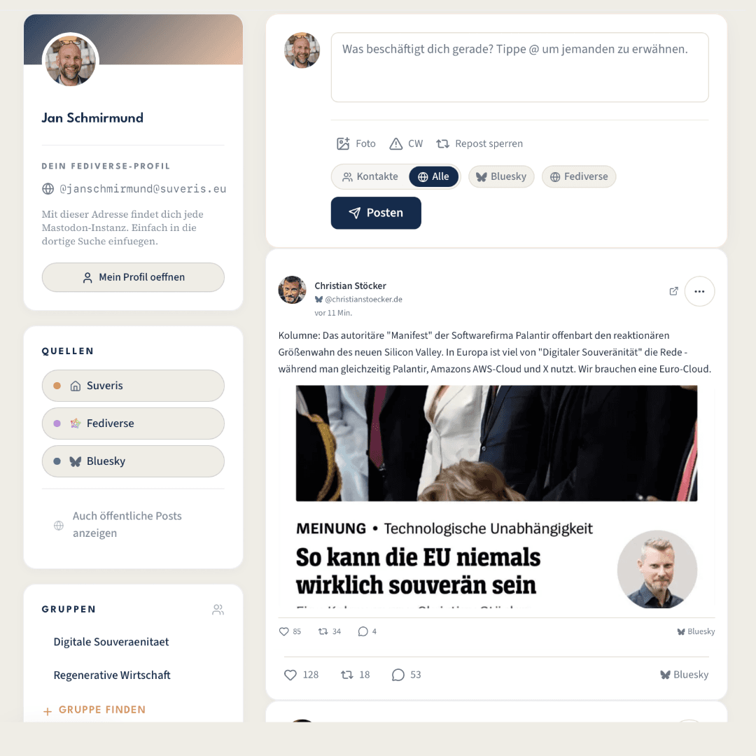 Suveris-Feed mit Quellen-Filter (Suveris, Fediverse, Bluesky), Profil-Card und Post