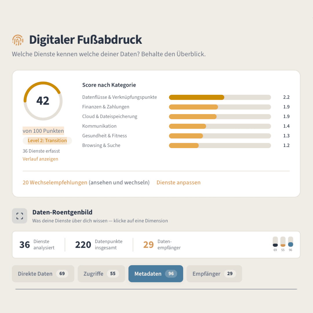 Suveris-Kompass: Score-Ring mit Punktzahl, Score nach Kategorie, Daten-Röntgenbild
