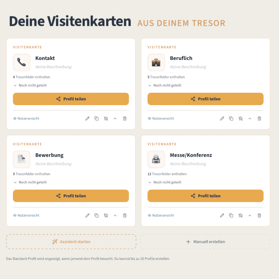 Visitenkarten in Suveris: vier Karten (Kontakt, Beruflich, Bewerbung, Messe) mit Profil-teilen-Buttons