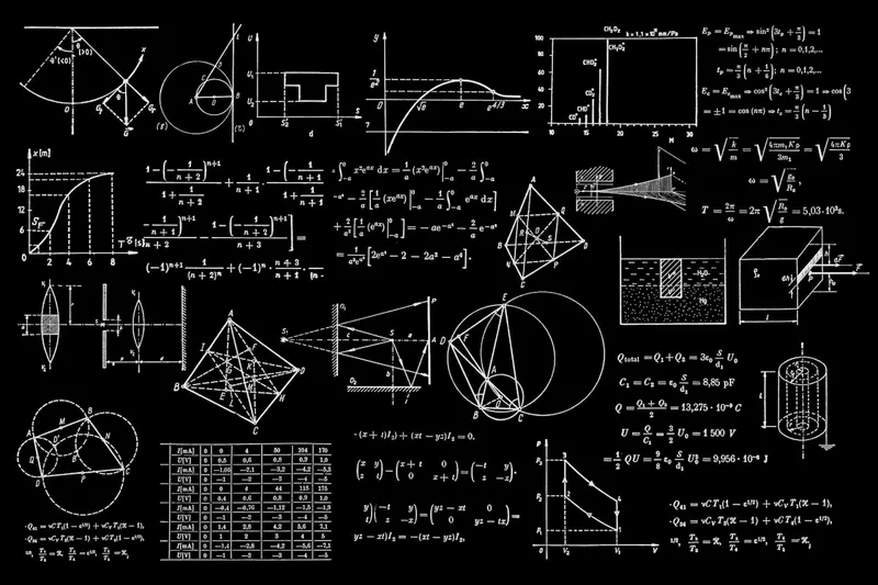 Tafel voller mathematischer und physikalischer Formeln, Diagramme und Skizzen, weiß auf schwarzem Grund
